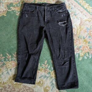 OLD NAVY Women Sz 14 Jeans Black Slouchy Straight High Rise 100% Cotton Distress